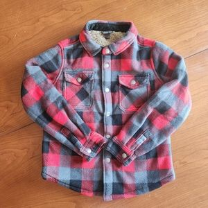 EUC! Eddie Bauer Boys Red Gray Black Flannel Plaid Button Up Sherpa Lined Size 8